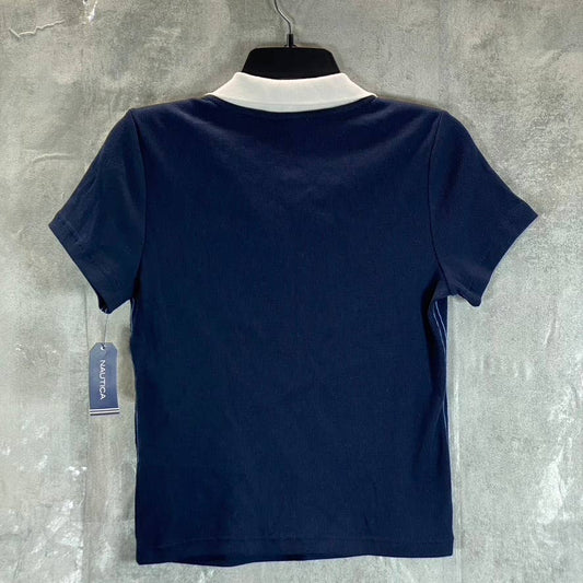 NAUTICA Women's Navy Split Spread Collar Ribbed Short Sleeve Polo Top SZ M