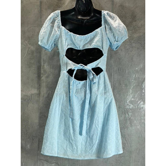 B. DARLIN Juniors' Light Blue Floral Embroidered Puff-Sleeve Mini Dress SZ 3/4