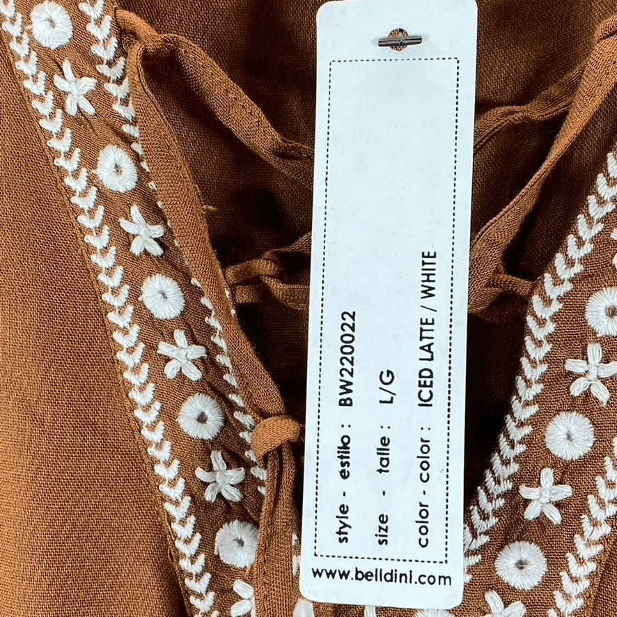 BELLDINI Women's Iced Latte/White Boho Embroidered V-Neck Chic Pocketed Dress