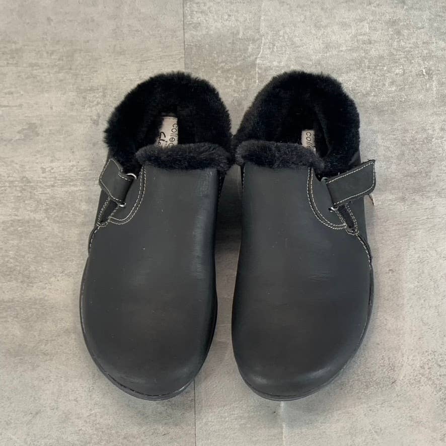 CLARKS COLLECTION Women's Black Leather Roseville Faux-Fur Slip-On Clogs SZ 6.5