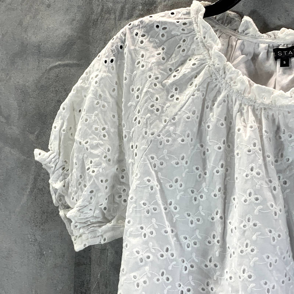 1.STATE Women's Ultra White Eyelet Raglan Sleeve Tie-Hem Crop Top SZ S