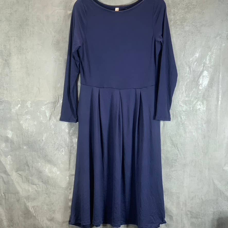 24SEVEN COMFORT APPAREL Women's Navy Round-Neck Long-Sleeve Fit & Flare Midi Dress SZ M
