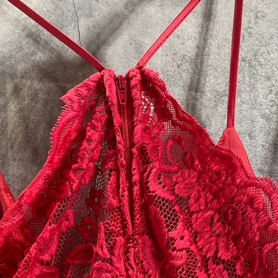 B. DARLIN Juniors' Crimson Red Satin V-Neck Lace-Back Pocketed Mini Dress SZ 1/2