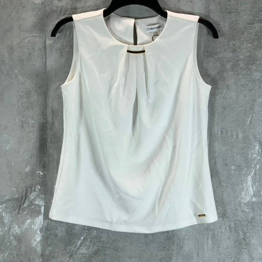 CALVIN KLEIN Women's White Embellished Crewneck Pleated Sleeveless Top SZ XS