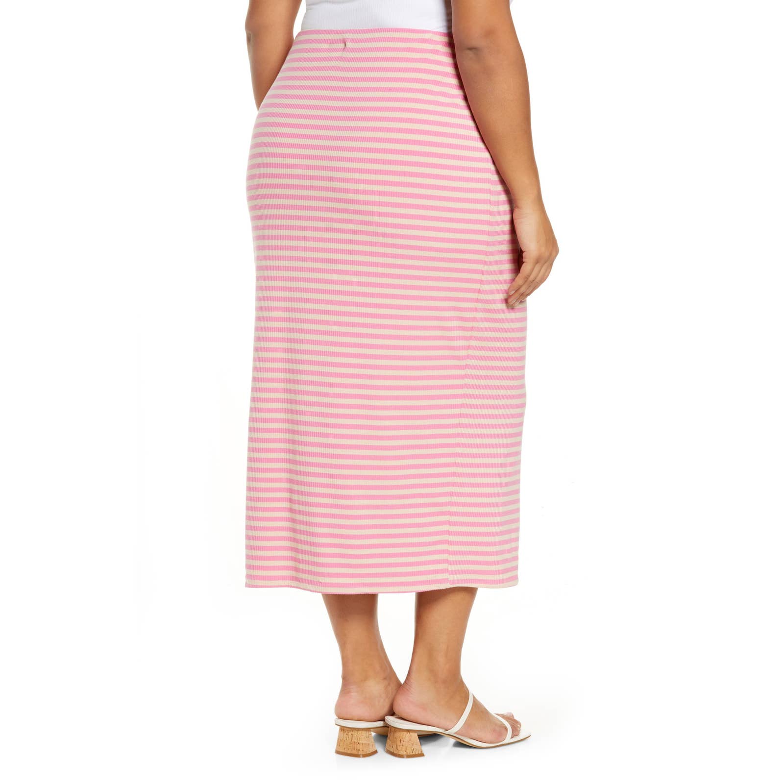 AFRM Women's Plus Size Pink/Nude Stripe Ribbed Torino Midi Pull-On Skirt SZ 2X