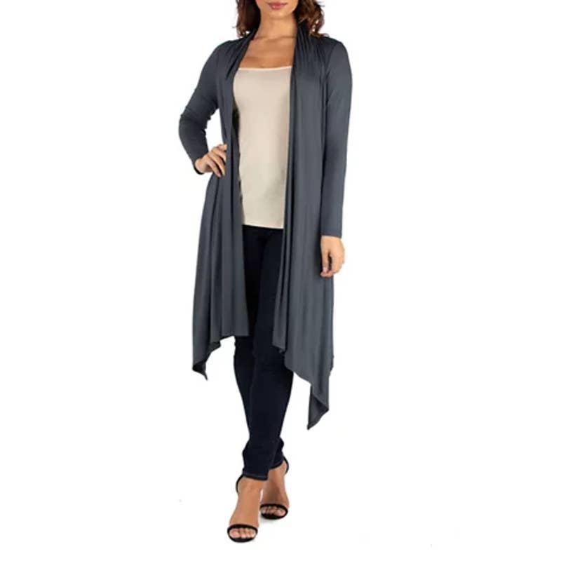 24SEVEN COMFORT APPAREL Women's Grey Long-Sleeve Open-Front Extra Long Cardigan