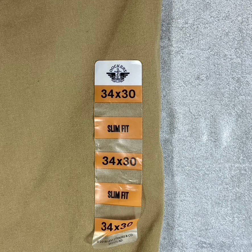 DOCKERS Men's Tan Slim-Fit Flat Front City Tech Trousers SZ 34X30