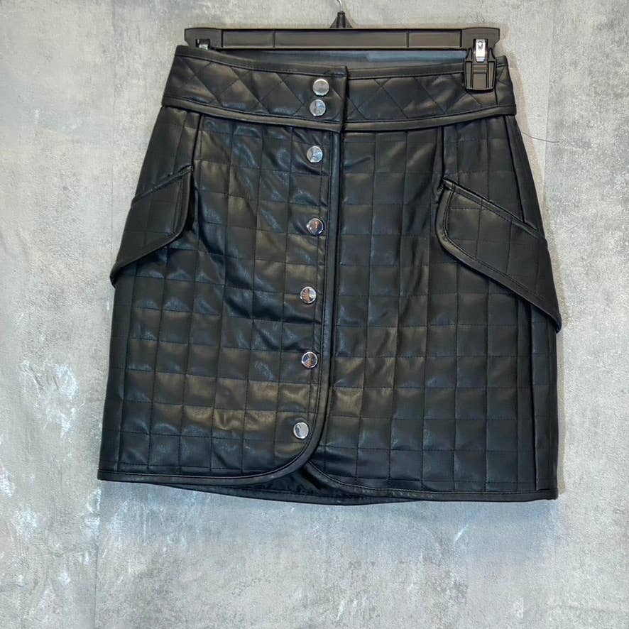 TOPSHOP Women's Solid Black Faux Leather Quilted Snap Front Mini Skirt SZ 4