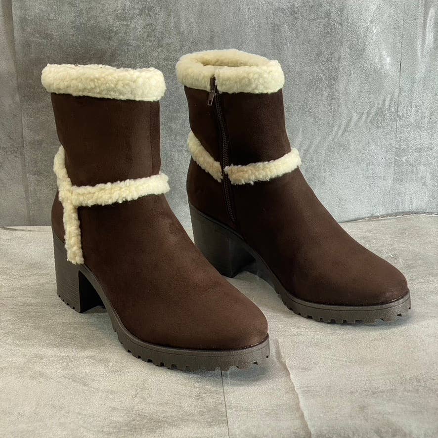 OLIVIA MILLER Women's Brown Faux-Sterling Trim Round-Toe Block-Heel Booties