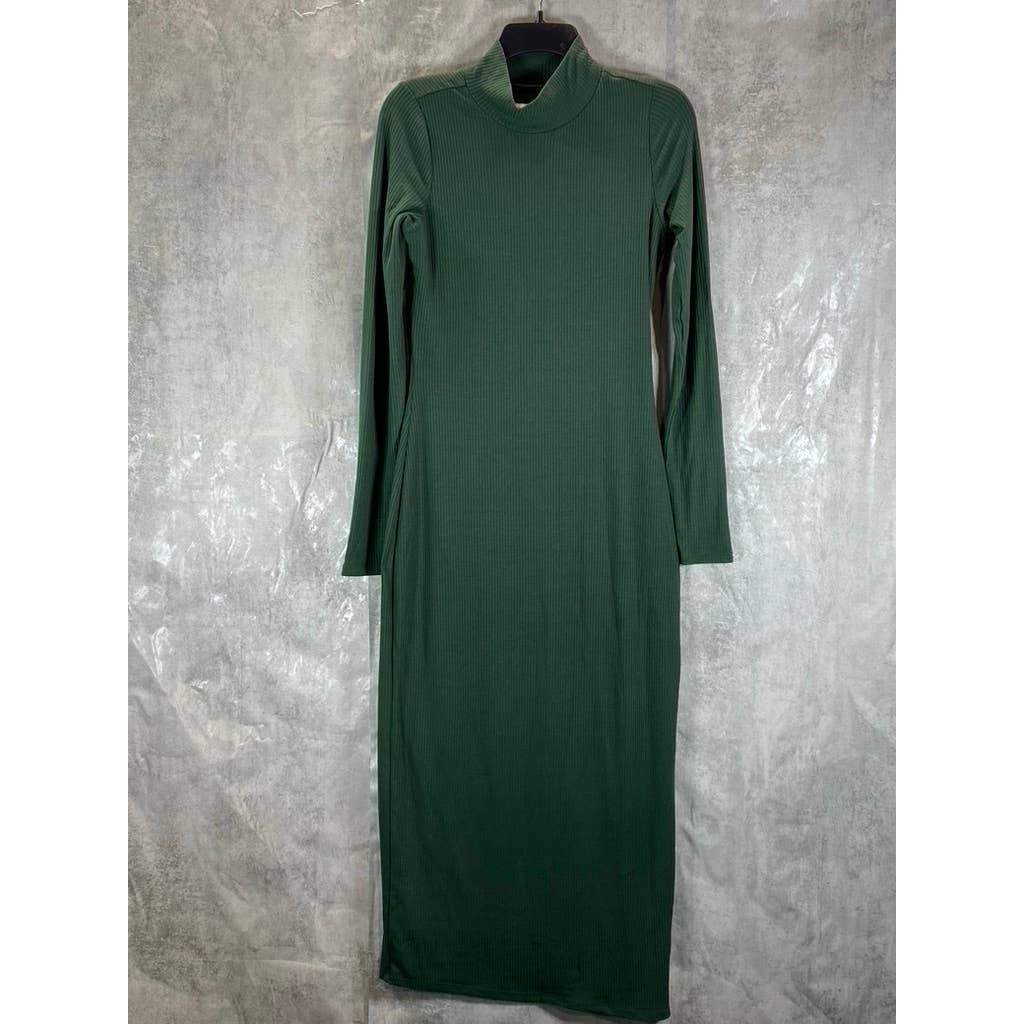 AND NOW THIS Women's Dark Green Ribbed High-Neck Midi Side-Slit Long-Sleeve Dress SZ S