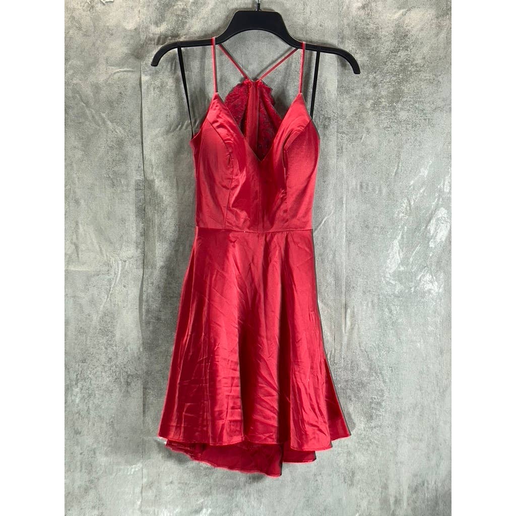 B. DARLIN Juniors' Crimson Red Satin V-Neck Lace-Back Pocketed Mini Dress SZ 1/2
