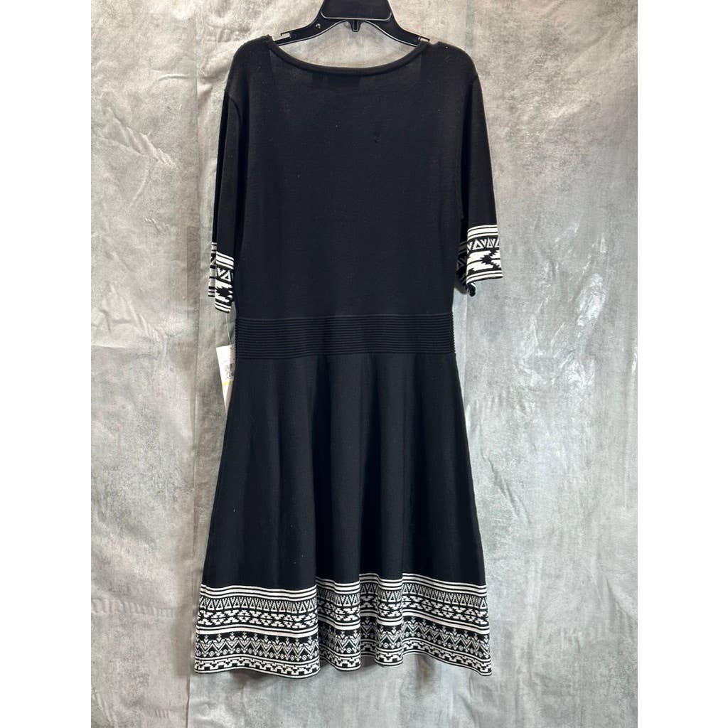 NINA LEONARD Women's Black Knit Geometric-Trim Fit & Flare Mini Dress SZ M