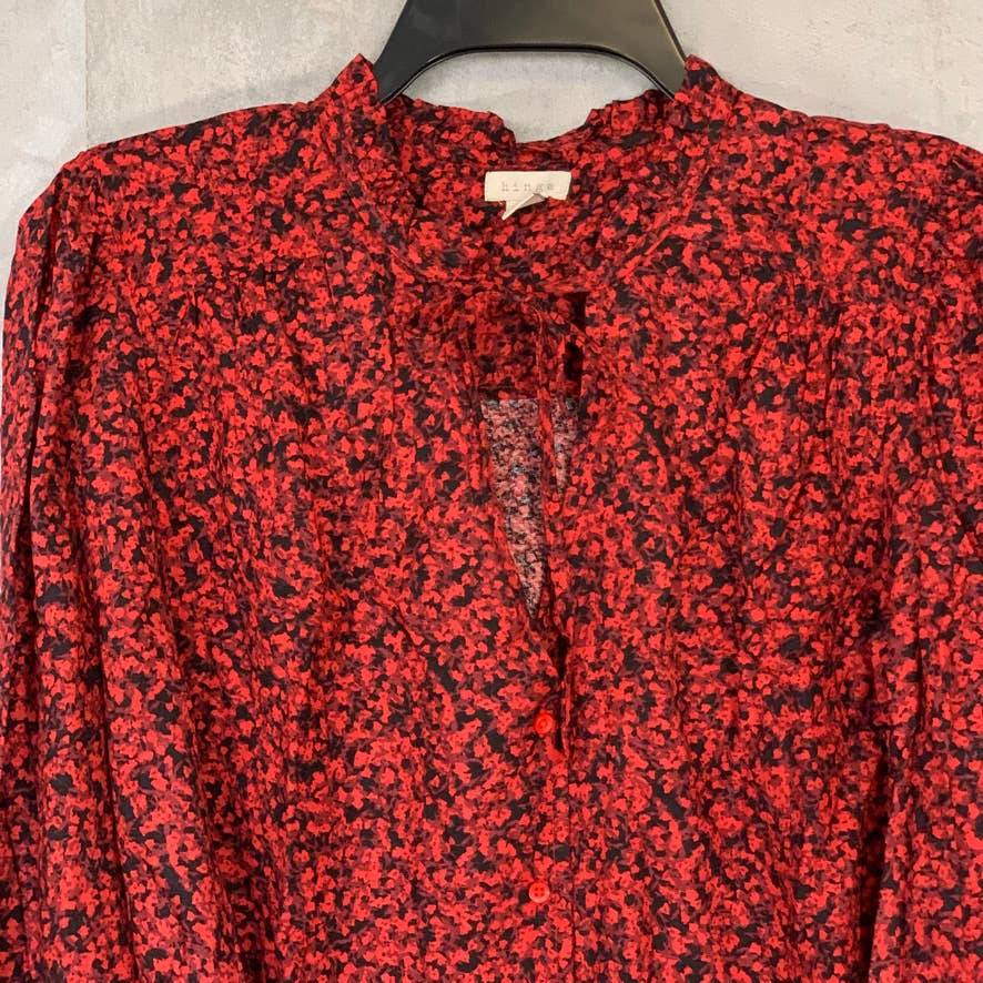 HINGE Red Printed Tie-Neck Long Sleeve Button Front Top SZ M