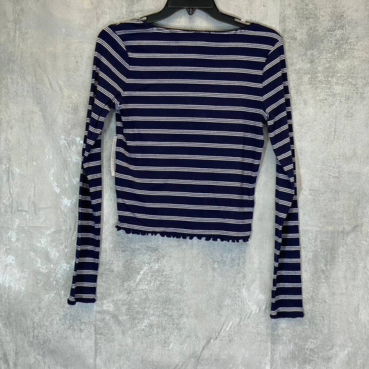 ABOUND Women's Navy Nantucket Stripe V-Neck Long Sleeve Lettuce Hem Top SZ M