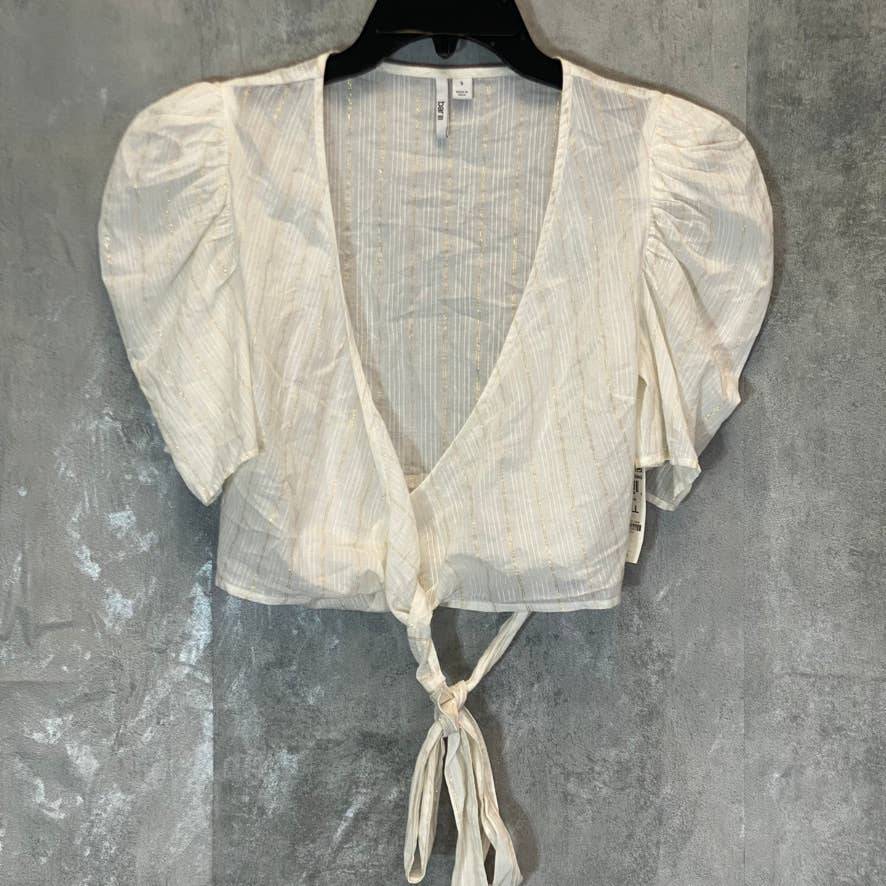 BAR III Women's Bright White Striped Detail Puff Sleeve V-Neck Wrap Blouse SZ S