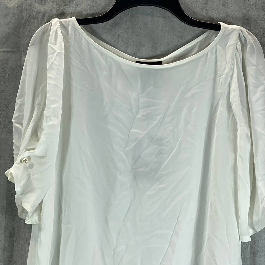 DKNY Women's Linen White Crewneck Imitation-Pear-Trim Elbow-Sleeve Top SZ M