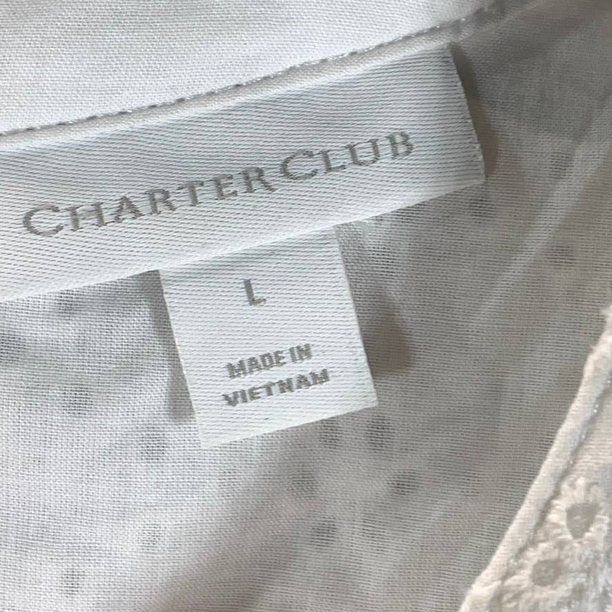 CHARTER CLUB Women's Bright White Crewneck Eyelet Flutter Short-Sleeve Top SZ L