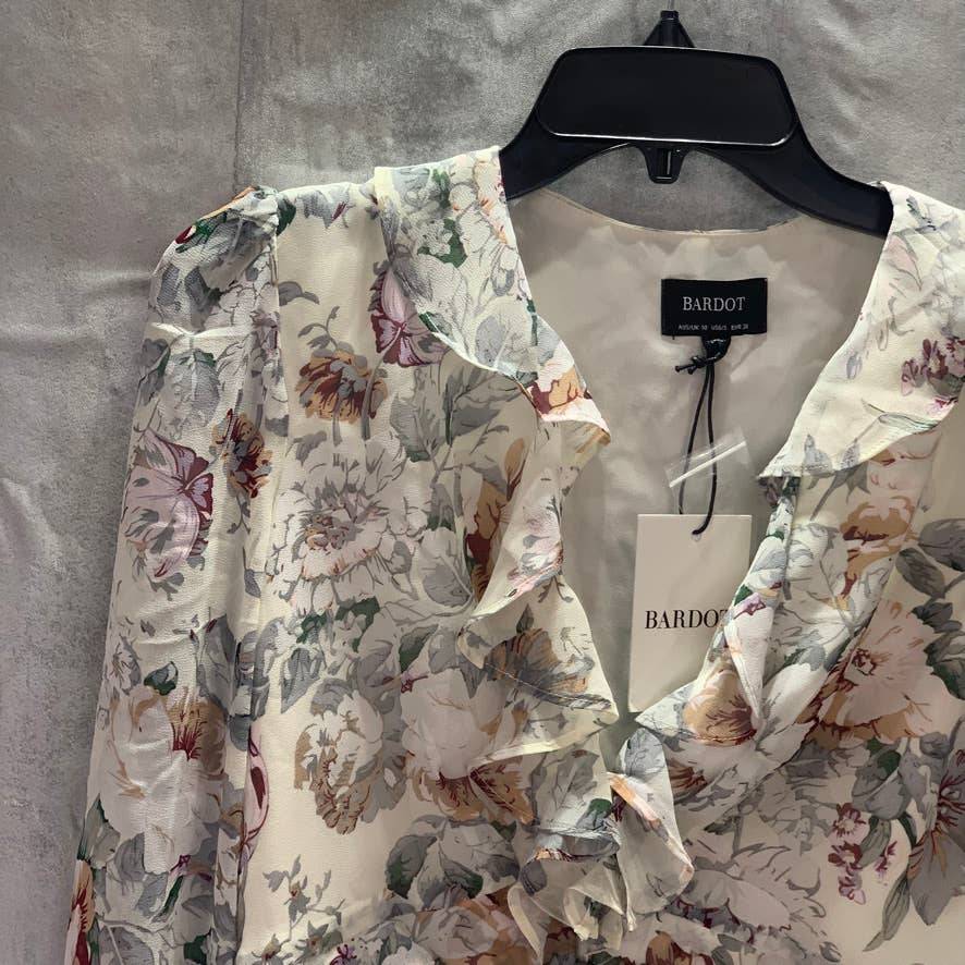 BARDOT Ivory Floral Ruffled V-Neck Long Sleeve Top SZ 6/S