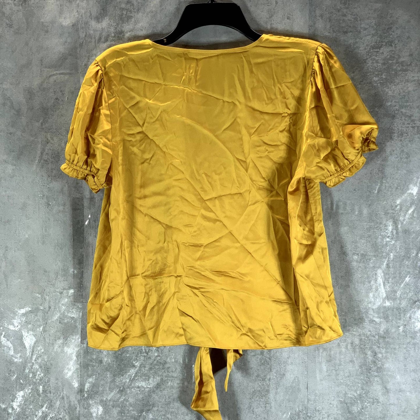 BAR III Women's Varsity Gold V-Neck Puff Short-Sleeve Tie-Front Top SZ L