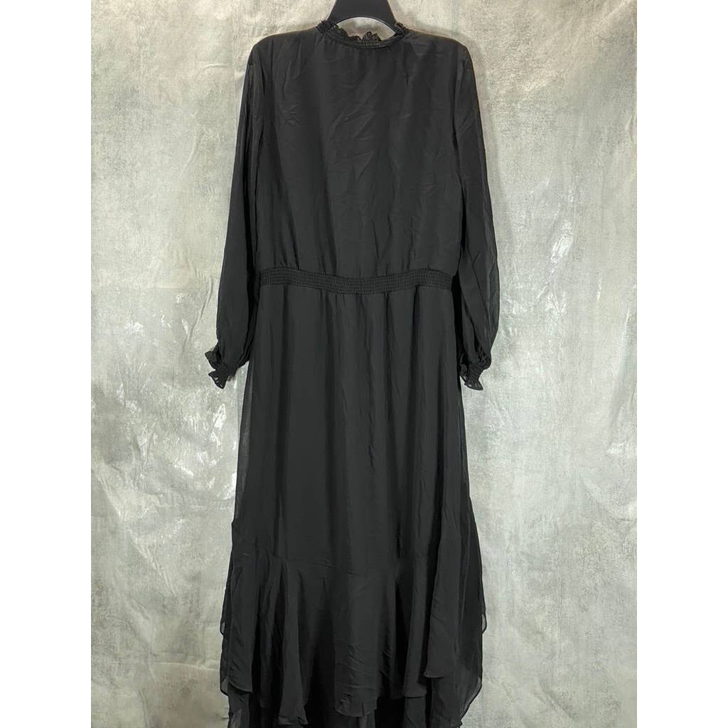 1. STATE Women's Black Split-Neck Smocked Hi-Low Long Blouson Sleeves Dress SZ M
