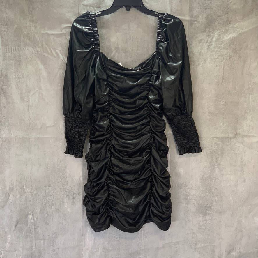TOPSHOP Black Faux Leather 3/4 Sleeve Ruched Mini Dress SZ 10