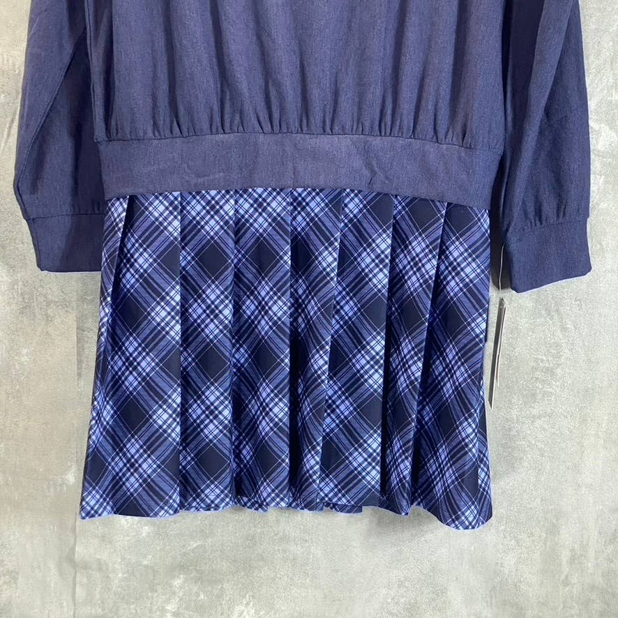 KINGSTON GREY Juniors' Navy Check Pleated Skirt Crewneck Mini Sweater Dress SZ L