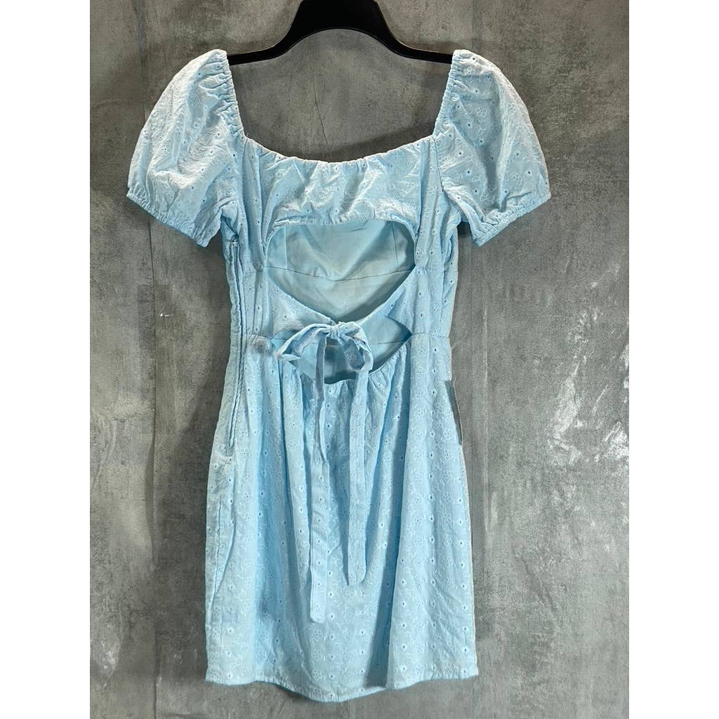 B. DARLIN Juniors' Light Blue Floral Embroidered Puff-Sleeve Mini Dress SZ 3/4