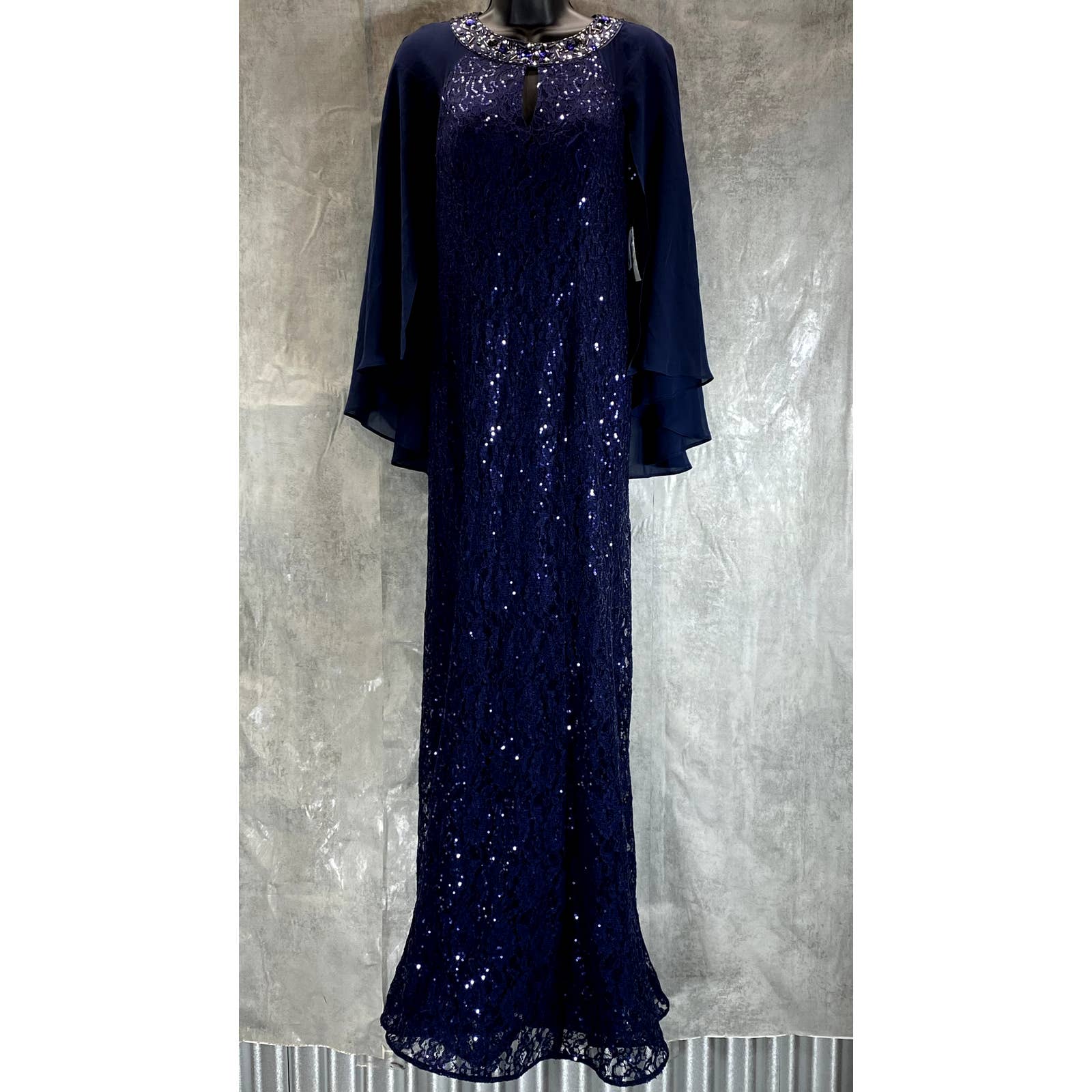 SLNY Women's Navy All-Over Lace Sequin Embellished Cape Maxi Gown SZ 4