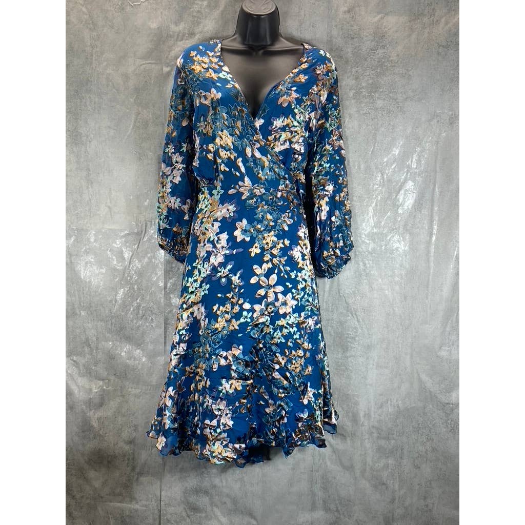 MAREE POUR TOI Women's Plus Size Blue Floral Burnout Silk3/4 Sleeve Wrap Dress