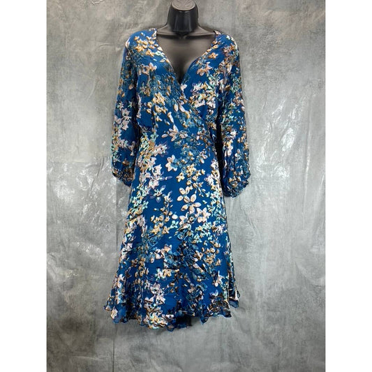 MAREE POUR TOI Women's Plus Size Blue Floral Burnout Silk3/4 Sleeve Wrap Dress