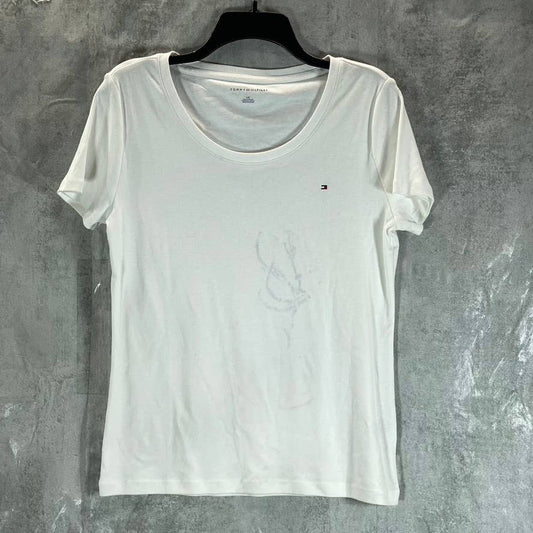 TOMMY HILFIGER Women's White Cotton Scoop-Neck Flag Logo T-Shirt SZ L