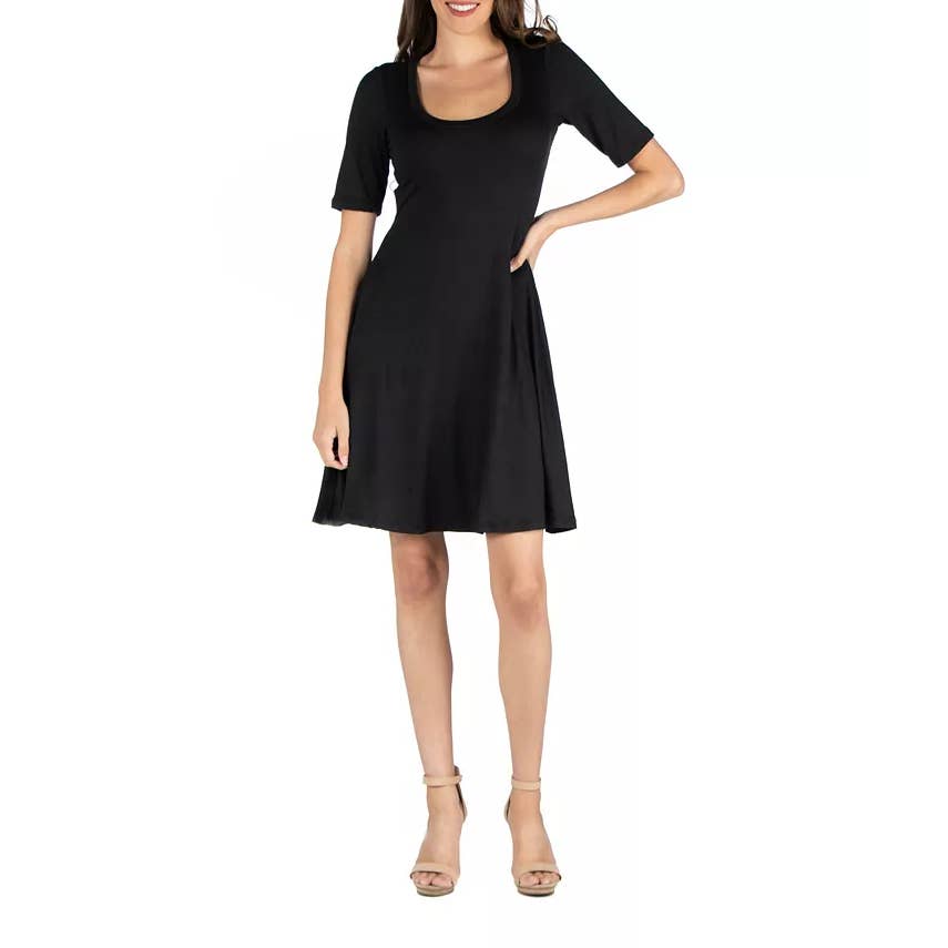 24SEVEN COMFORT APPAREL Women's Solid Black Scoop-Neck Elbow Sleeve Dress SZ XL