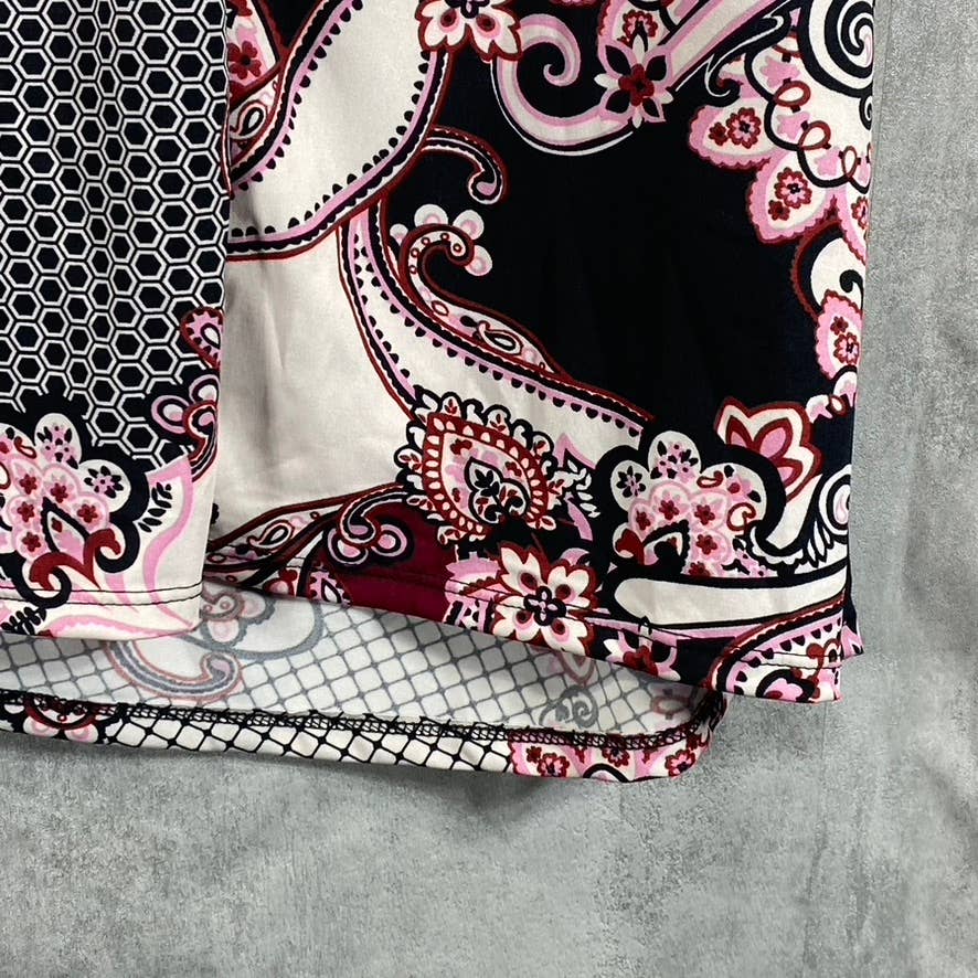 24SEVEN Comfort Apparel Women's Burgundy Printed Faux-Wrap 3/4 Sleeve Dress SZ M