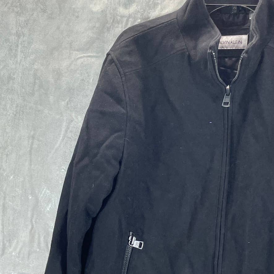 CALVIN KLEIN Men's Solid Black Regular-Fit Wool Knit-Trim Bomber Jacket SZ M
