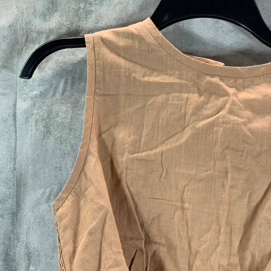 AND NOW THIS Women's Almond Crewneck Sleeveless Tie-Waist Smocked Back Top SZ M