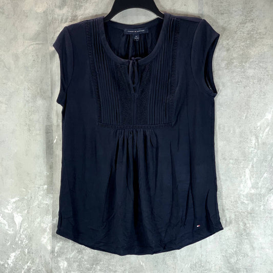 TOMMY HILFIGER Women's Navy Lace-Trimmed Pintuck Short-Sleeve Top SZ S