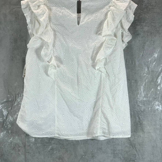 CHARTER CLUB Women's Bright White Crewneck Eyelet Flutter Short-Sleeve Top SZ L