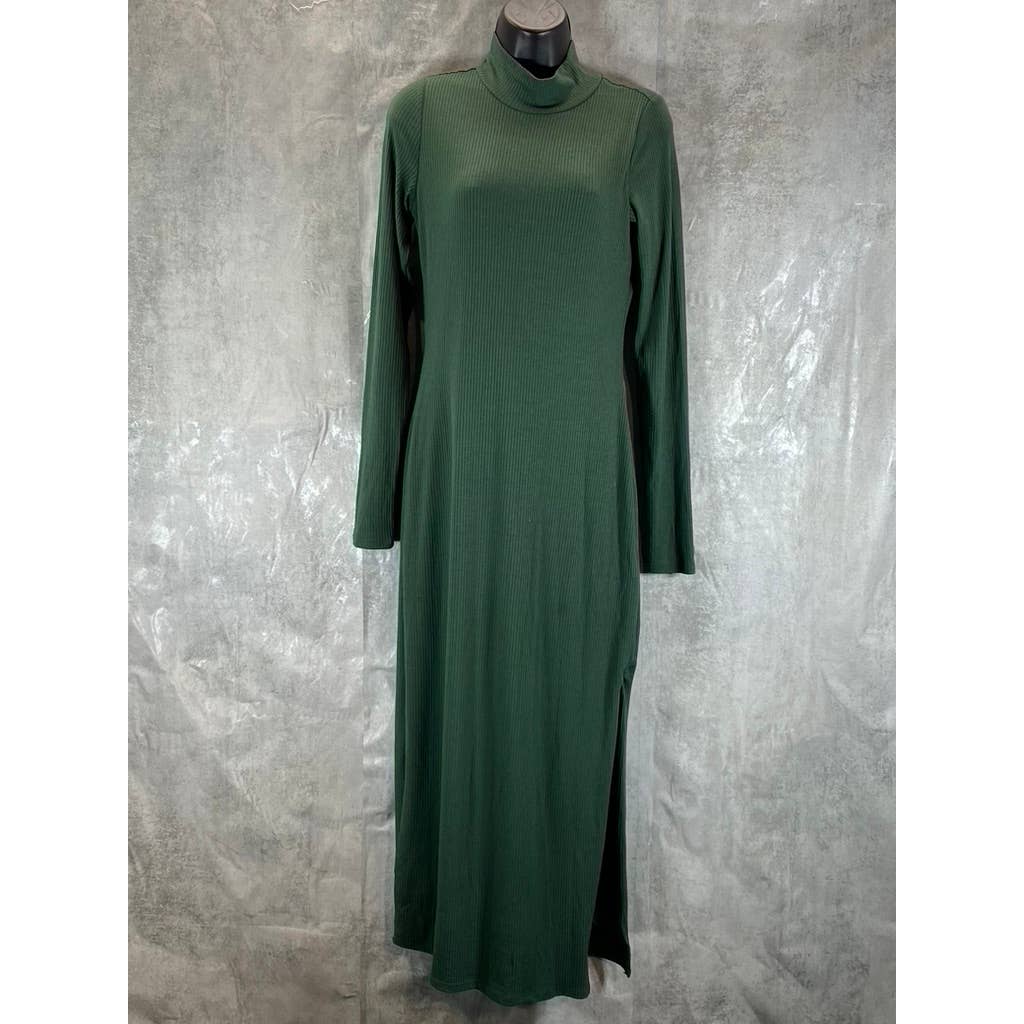 AND NOW THIS Women's Dark Green Ribbed High-Neck Midi Side-Slit Long-Sleeve Dress SZ S