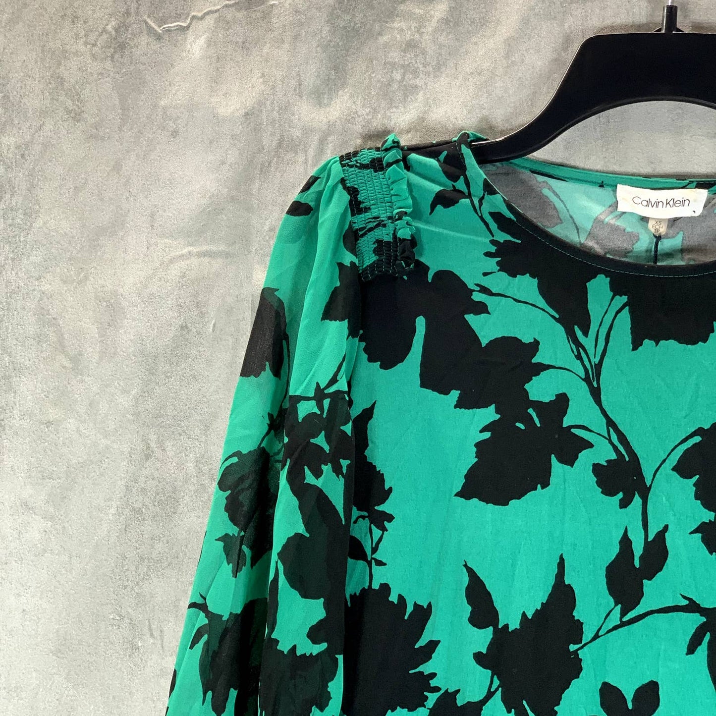 CALVIN KLEIN Women's Green-Black Printed Crewneck Sheer Long Sleeve Top SZ XS