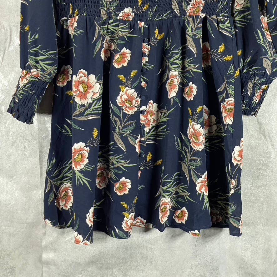 NY COLLECTION Women's Navy Floral V-Neck Smocked Long-Sleeve Fit & Flare Dress