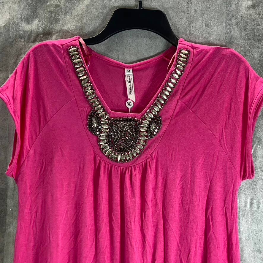 WHITE MARK Women's Fuchsia Beaded Short Sleeve Shark Bite Hem Tunic Top SZ M