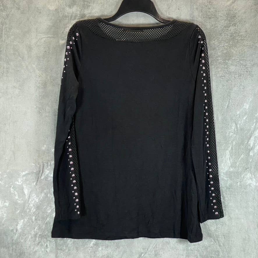 BELLDINI Women's Black Studded Boatneck Mesh-Inset Long-Sleeve Tunic Top SZ S