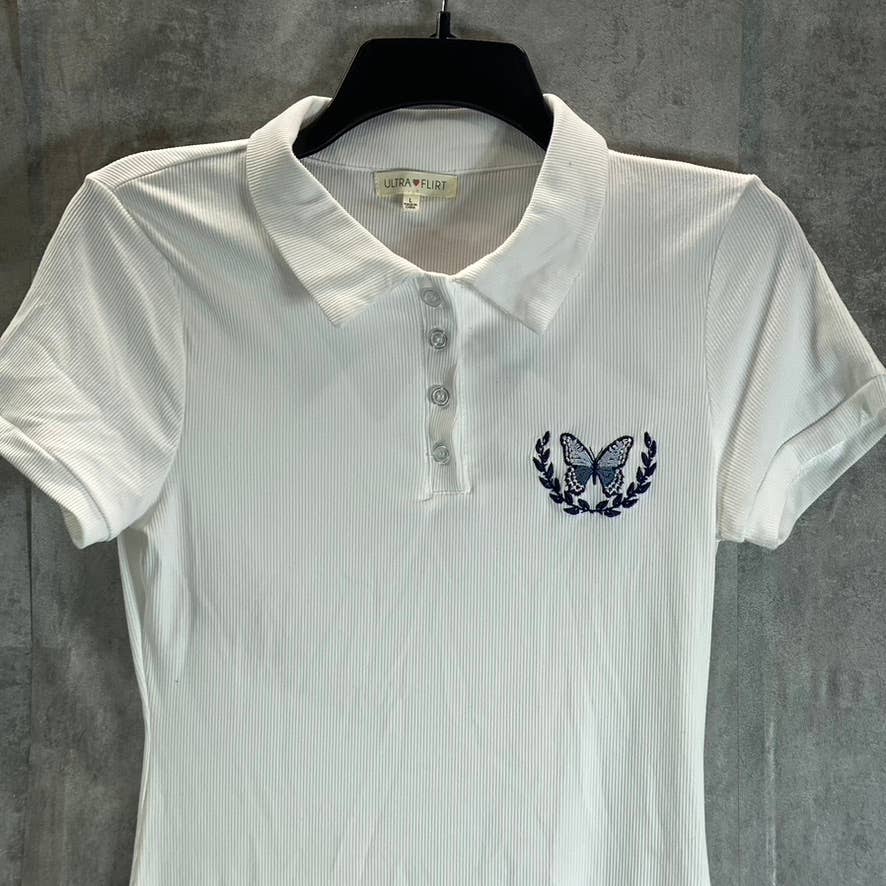 ULTRA FLIRT Juniors' White Butterfly Graphic Short-Sleeve Bodycon Polo Dress