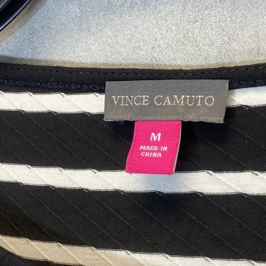 VINCE CAMUTO Women's Rich Black Striped 3/4 Sleeve Boatneck Sheer Hem Top SZ M