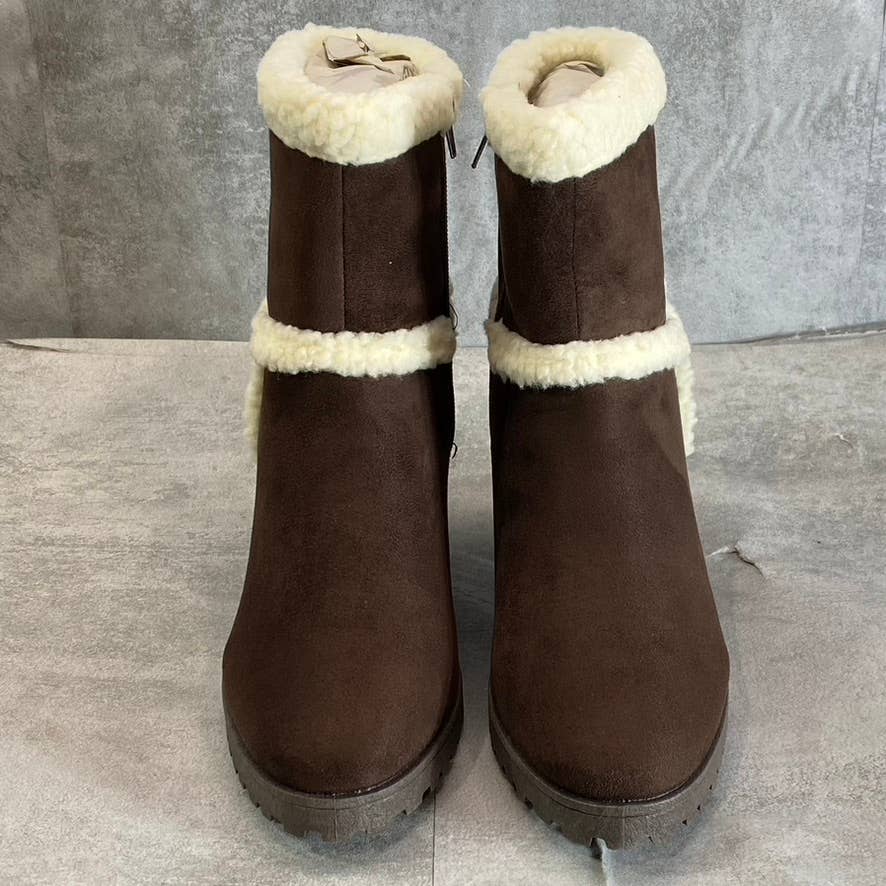 OLIVIA MILLER Women's Brown Faux-Sterling Trim Round-Toe Block-Heel Booties