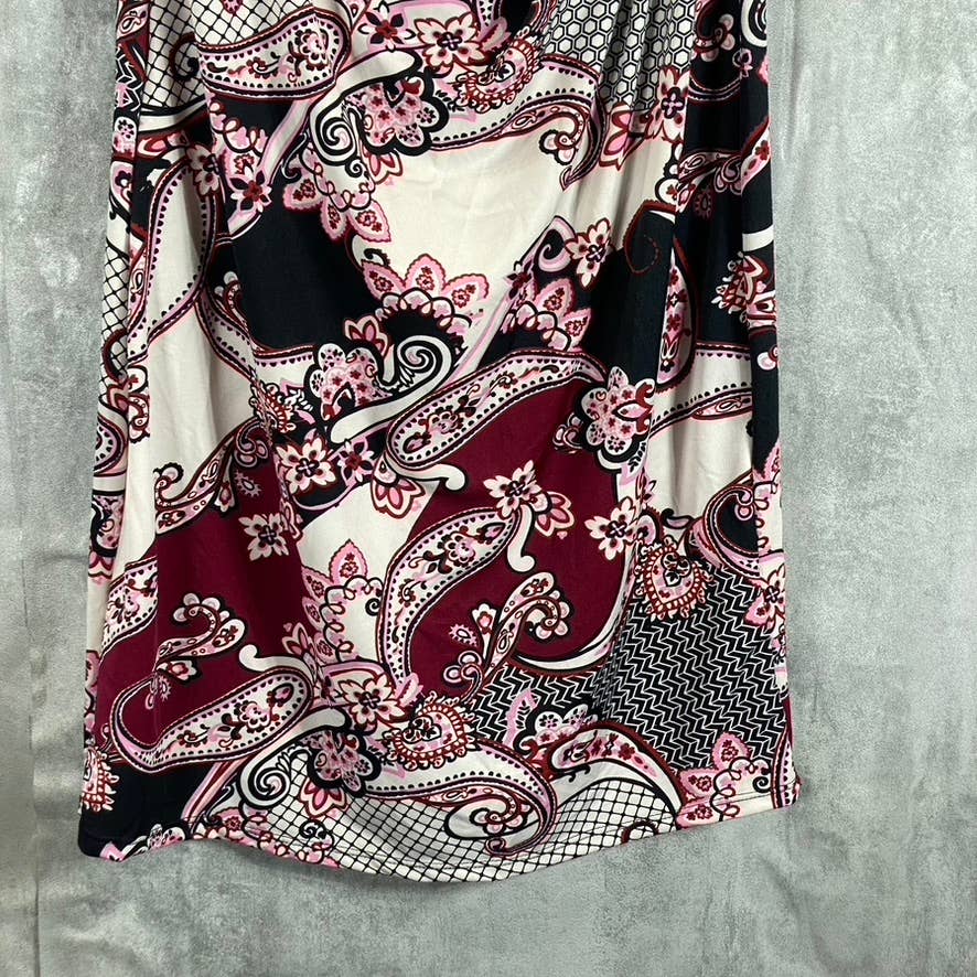 24SEVEN Comfort Apparel Women's Burgundy Printed Faux-Wrap 3/4 Sleeve Dress SZ M