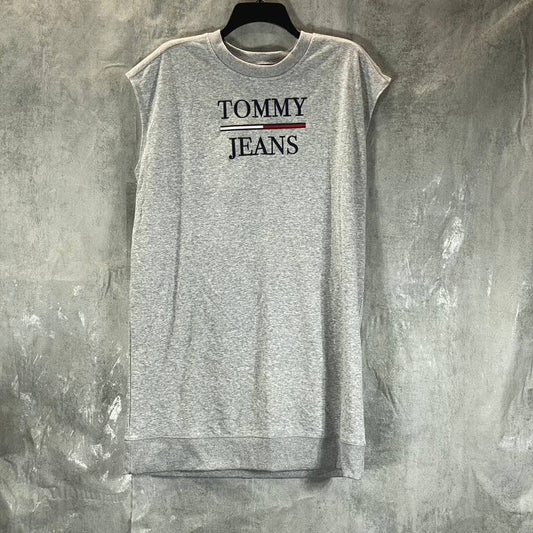 TOMMY JEANS Women's Stone Grey Heather Crewneck Cap-Sleeve Logo Mini Dress SZ M