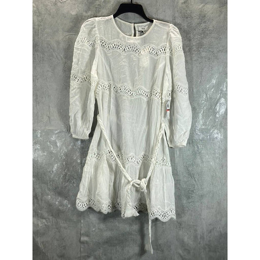 RAHI Women's White Sanibel Long Puff Sleeve Lace-Trim Belted Mini Dress SZ XS