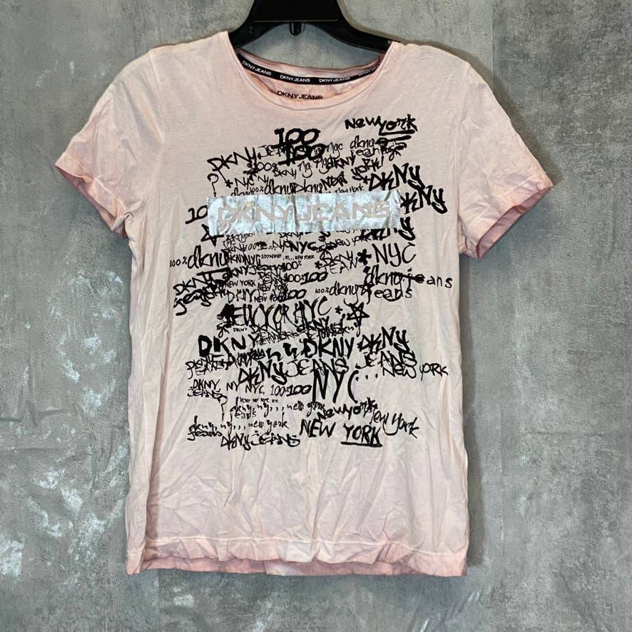 DKNY Jeans Women's Pink Graffiti-Print Metallic Logo Short Sleeve Crewneck T-Shirt SZ S