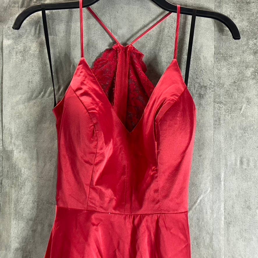 B. DARLIN Juniors' Crimson Red Satin V-Neck Lace-Back Pocketed Mini Dress SZ 1/2
